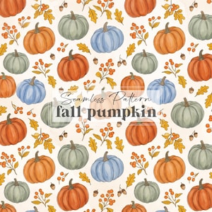 May include: A seamless pattern featuring orange, sage green, and light blue pumpkins interspersed with yellow oak leaves, orange berries, and small brown acorns. The text Seamless Pattern fall pumpkin is centered in a white rectangular frame.