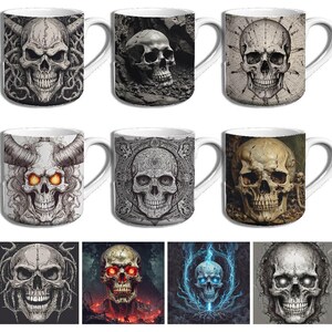 May include: Set of six white ceramic mugs with different skull designs. Each mug features a unique skull illustration with intricate details and a black and white color scheme.