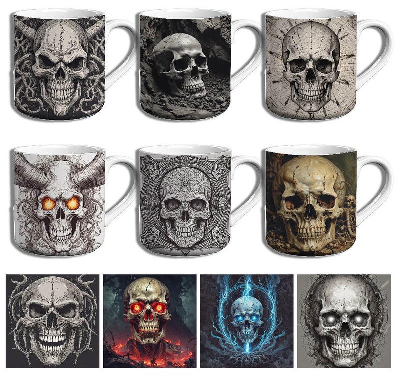 May include: Set of six white ceramic mugs with different skull designs. Each mug features a unique skull illustration with intricate details and a black and white color scheme.