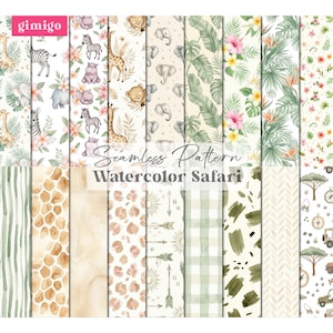 May include: A collection of watercolor safari-themed seamless patterns. Designs include giraffes, zebras, elephants, and floral elements. The text "Seamless Pattern Watercolor Safari" is displayed.