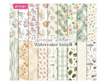 Patrones sin costuras de safari en acuarela, paquete de papel digital tropical, patrones de animales, papel digital infantil de la jungla, lámina infantil
