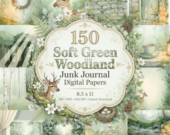Wald-Junk-Journal in sanftem Grün, Waldtiere, Aquarell-Naturszenen, Waldmotiv, Wald-Tagebuch, Waldseiten, digitaler Wald