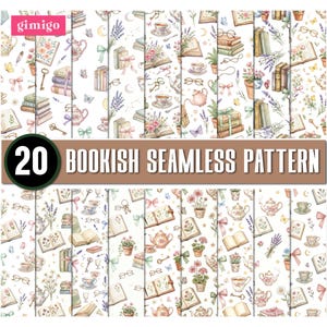 May include: A collection of 20 seamless patterns featuring watercolor illustrations of books, teapots, teacups, lavender sprigs, keys, eyeglasses, butterflies, and bows on a white background. The text 20 BOOKISH SEAMLESS PATTERN is displayed.