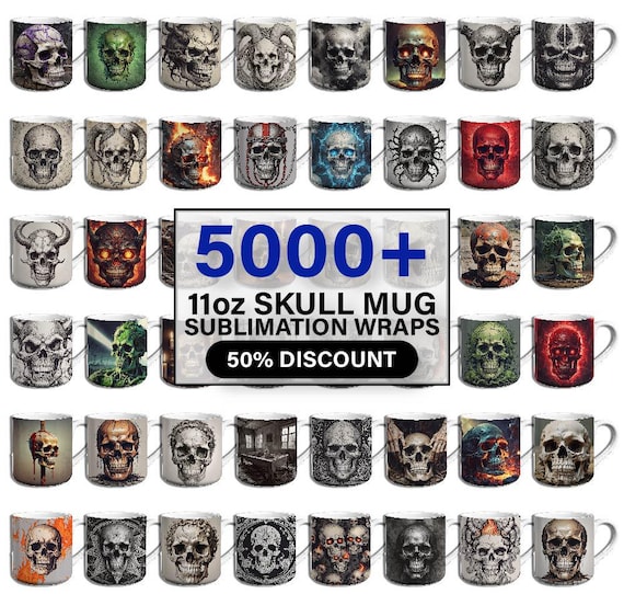 5000 11oz Skull Mug Bundle, 11oz Skull Mug Wrap, Skull Sublimation Design, Human Skull Wraps, Skull Mug PNG, Sublimation Mug Designs