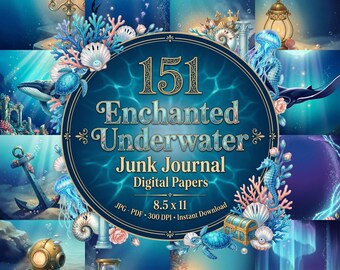 Verzauberte Unterwasserwelt – Junk Journal, Fantasy-Digitalpapiere, Märchenhafter Hintergrund, Unterwasserkulisse, Fantasy-Hintergrund, Tiefseekunst