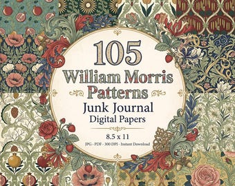 William Morris Muster für Junk Journal, Vintage-Blumenmuster zum Ausdrucken, JPG-Papiere, botanische Ephemera, Scrapbook-Seite, schicke Blumen, Antik