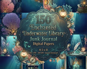 Verzaubertes Unterwasser-Bibliotheks-Junk-Journal, Meerjungfrauen-Fantasy-Ozean-Digitaldruckvorlagen, Unterwasser-Journal, Meerjungfrauen-Journal, Ozean-Junk-Journal