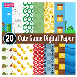 May include: A collection of 20 digital paper patterns featuring various video game motifs including yellow stars, gold coins, green turtles, brick blocks, question mark boxes, and red polka dots with the letter M, labeled 20 Cute Game Digital Paper.
