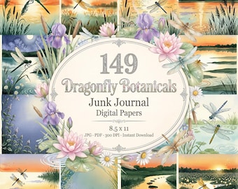 Dragonfly Botanicals Junk Journal, Watercolor Pond Wildflower Printable Pages, Dragonfly Paper, Dragonfly Pages, Dragonflies, Lotus Paper