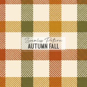 May include: A seamless plaid pattern featuring a grid of alternating squares in cream, olive green, mustard yellow, and burnt orange. The design includes a diagonal twill texture throughout. Centered text reads Seamless Pattern AUTUMN FALL.