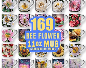 169 3D Bee flower Mug Wrap, Sublimation Design, Butterfly 11oz Coffee Cup Wrap, Flowers 15oz Mug Wrap PNG, Spring Floral Mug Press Designs