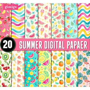May include: A collection of 20 digital paper patterns featuring watercolor illustrations of summer fruits like watermelon, pineapple, kiwi, and citrus, alongside ice cream, palm leaves, and flamingos on colorful backgrounds with the text 20 SUMMER DIGITAL PAPAER.
