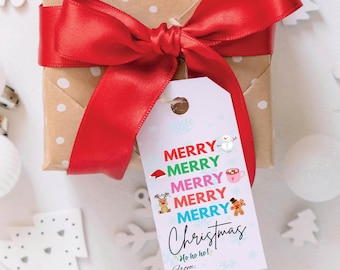 May include: A white gift tag with a colorful 'Merry Christmas' design. The tag features a stack of 'Merry' words in different colors with festive icons. The text 'Ho ho ho!' and 'From:' are at the bottom of the tag.