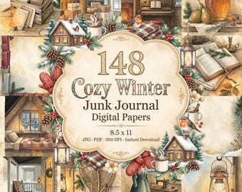 Cozy Winter Junk Journal, Cottage Christmas Digital Scrapbook Pages, Winter Journal, Journal Pages, Printable Pages, Winter Paper, Antique