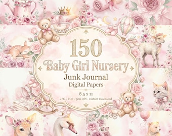 Baby Girl Nursery Junk Journal, Pink Teddy Bear Digital Download, Baby Girl Paper, Baby Girl Pages, Pink Baby, Pink Baby Paper, Pink Nursery