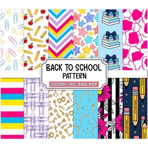 May include: A digital collection of twelve distinct patterns featuring school-themed motifs like pencils, apples, paper clips, books, and stars, alongside geometric stripes, floral prints, and keys. Text reads BACK TO SCHOOL PATTERN 300DPI JPG AND PDF.