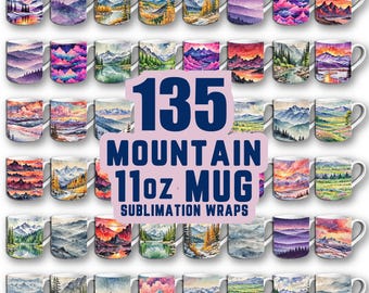 135 Watercolor Mountain wrap, 11 or 15oz Mountain Mug, Mountain Skiny Wrap, Mountain PNG, Nature scenery art, Sublimation Mug design
