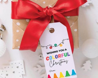 Have a Colorful Christmas Gift Tag, Printable Crayon Tag, Markers Paint Holiday Rainbow Candy Gift, Classroom Kids School Printable Tag, pdf