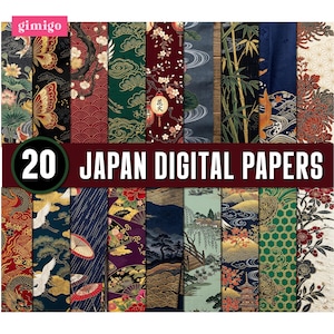 May include: A collection of 20 digital papers featuring diverse patterns including butterflies, cranes, bamboo, dragons, and floral motifs in a palette of red, gold, green, blue, and black, with the text 20 JAPAN DIGITAL PAPERS displayed prominently.