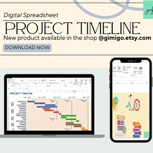 May include: A digital spreadsheet template for project timelines. The spreadsheet is displayed on a laptop screen and shows a Gantt chart with tasks, deadlines, and milestones. The image also includes a smartphone screen displaying a graphic of a person running towards a clock.