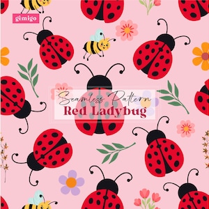 Pode incluir: Um padrão sem costura com joaninhas vermelhas com manchas pretas e antenas, intercaladas com abelhas amarelas e flores coloridas sobre um fundo rosa claro. O design inclui o texto "Seamless Pattern Red Ladybug".