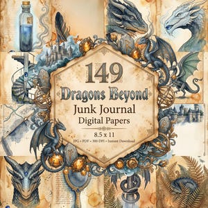 Può includere: Una collezione digitale di 149 carte per junk journal Dragons Beyond da 8,5 x 11 pollici, con illustrazioni ad acquerello di draghi, castelli, boccette di pozioni e pietre runiche su sfondi di pergamena con cornici dorate ornate.