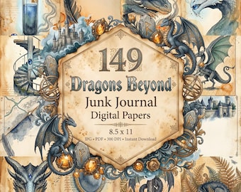 Drachen-Junk-Journal, Fantasy-Collage-Druckvorlagen, Drachen-Junk-Journal, Fantasy-Set, Drachen-Junk-Journal-Seiten, Vintage-Ephemera