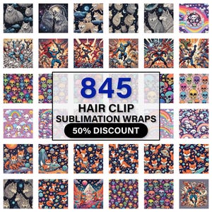 May include: A collection of 845 sublimation wraps for hair clips. The designs include skulls, rainbows, wolves, foxes, and superheroes. 50% discount is offered.