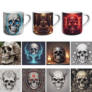 May include: Set of 10 white ceramic mugs with skull designs. Each mug features a different skull design with various colors, including red, blue, and black. The skulls are depicted in a variety of styles, from realistic to cartoonish.