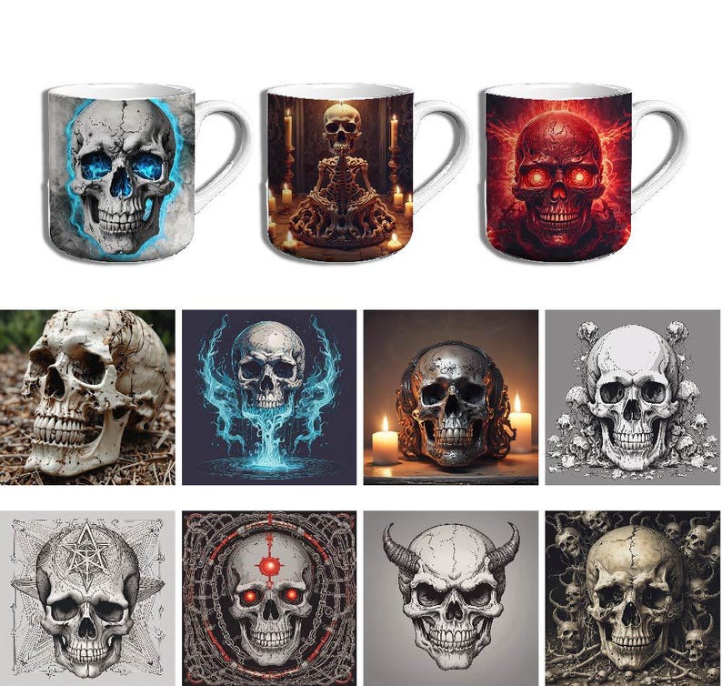 May include: Set of 10 white ceramic mugs with skull designs. Each mug features a different skull design with various colors, including red, blue, and black. The skulls are depicted in a variety of styles, from realistic to cartoonish.