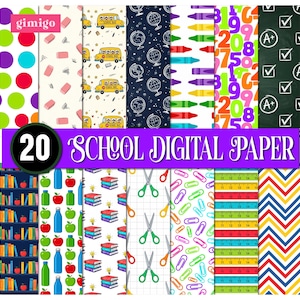 May include: A collection of 20 digital papers with school-themed patterns. Designs include polka dots, erasers, school buses, globes, crayons, numbers, chalkboards, books, apples, scissors, paper clips, rulers, and zigzags. The text "SCHOOL DIGITAL PAPER" is displayed.