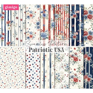 May include: A collection of digital seamless patterns featuring patriotic USA themes with red, white, and blue color palettes. Designs include watercolor floral arrangements, vertical stripes, small stars, and American flags on cream backgrounds.