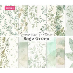 May include: A collection of sage green seamless patterns featuring watercolor botanical designs. The patterns include various leaf and fern arrangements in shades of green and beige, with the text "Seamless Pattern Sage Green".