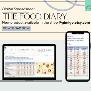 Peut inclure: Un tableur numérique pour suivre l'apport alimentaire, intitulé "The Food Diary". Le tableur est ouvert sur l'écran d'un ordinateur portable et affiche des colonnes pour le nom de l'aliment, le sucre, les graisses et les calories. L'écran d'un téléphone portable affiche un exemple de journal alimentaire avec les valeurs nutritionnelles de différents aliments.