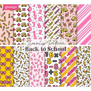 Peut inclure: Une collection numérique de dix motifs sans couture présentant des thèmes scolaires avec des bus jaunes, des nœuds roses, des crayons, des craies, des symboles mathématiques et des lettres dans des tons rose, jaune et blanc.