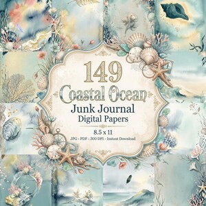 Könnte beinhalten: Eine digitale Papiersammlung mit dem Titel 149 Coastal Ocean Junk Journal Digital Papers 8.5 x 11 JPG - PDF - 300 DPI - Instant Download. Das Design zeigt Aquarellillustrationen von Muscheln, Seesternen, Korallen und maritimen Motiven.