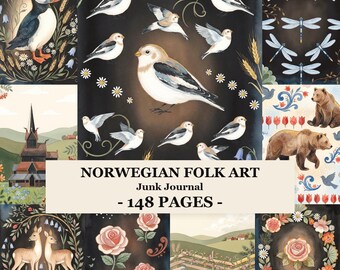 Norwegian Folk Art Junk Journal, Norwegian Paper, Norwegian Background, Norwegian Art, Floral Junk Journal Pages, Scrapbook Papers, Antique