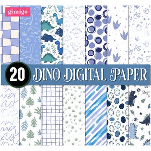May include: A collection of 20 digital papers with various patterns. The designs include dinosaurs, polka dots, and abstract shapes in shades of blue and white. The text "20 DINO DIGITAL PAPER" is displayed prominently.