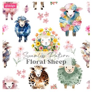 May include: Watercolor seamless pattern featuring various sheep adorned with floral elements. The sheep are depicted in diverse colors and patterns, surrounded by pink flowers. The text "Seamless Pattern Floral Sheep" is also visible.