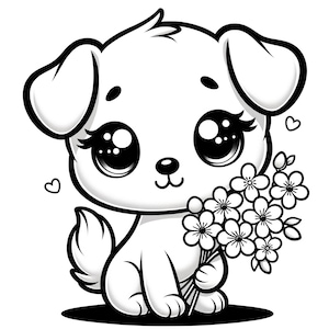 Pode incluir: Um desenho de linha preto e branco de um cão de desenho animado com olhos grandes segurando um buquê de flores.