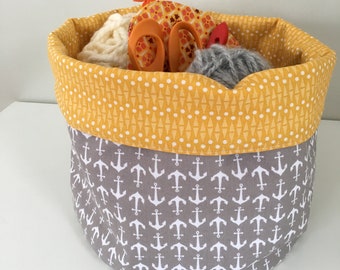 Fabric Storage Basket - Organization Bin - Reversible - Gray Anchor and Geometric Mustard