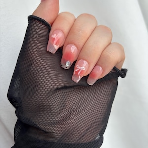 Blush Pink Sculpted Press On Nails | Medium Coffin Cat Eye French Tip | Cute Cat Design | Handmade Reusable False Nails