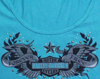 Vintage Harley Davidson Women's Teal Embellished Wings Scoop Neck Lace Trim Shirt Top Size Medium