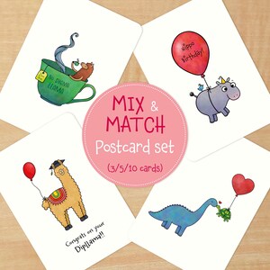 Ensemble de cartes postales à mélanger et à assortir (3, 5 ou 10 cartes) - carte d'anniversaire, carte de remise des diplômes, carte de la Saint-Valentin, carte de remerciement, carte de soutien, jeux de mots avec les animaux
