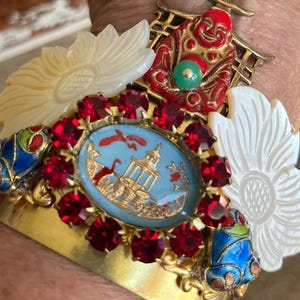 Vintage Asian Brass Cuff: Red Buddha, Cloisonne Frogs & MOP