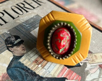 Vintage Red Pharaoh Butterscotch and Green Bakelite Adjustable Brass Ring, Scarab, Egyptian, Women’s Accessories, Women's Ring, Gift for Her