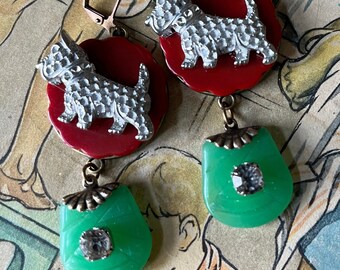 Vintage Scottie Earrings, Jadeite Green glass, red Bakelite button, Whimsical, Marcasite, Women’s Accessories, Women’s Earring, Gift for Her