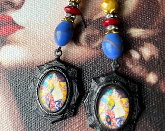 Pendientes Art Nouveau con camafeo de Klimt, cuentas de vidrio japonesas vintage, negro mate