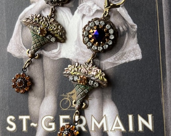 Art Nouveau Flower Basket Dangle Earrings, Sunflower, Vintage Stamping, Blue Cabochon, Patina, Gift for Her, Women's Earrings