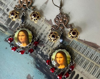 Mona Lisa Cameo Chandelier Earrings, Vintage ruby red jewels, DaVinci, Florence, Women’s Accessories,  Women’s Earrings, Gifts for Her